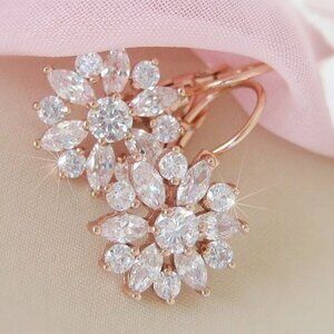 Rose Gold Diamond CZ Leverback Earrings Elegant Floral Cluster Design